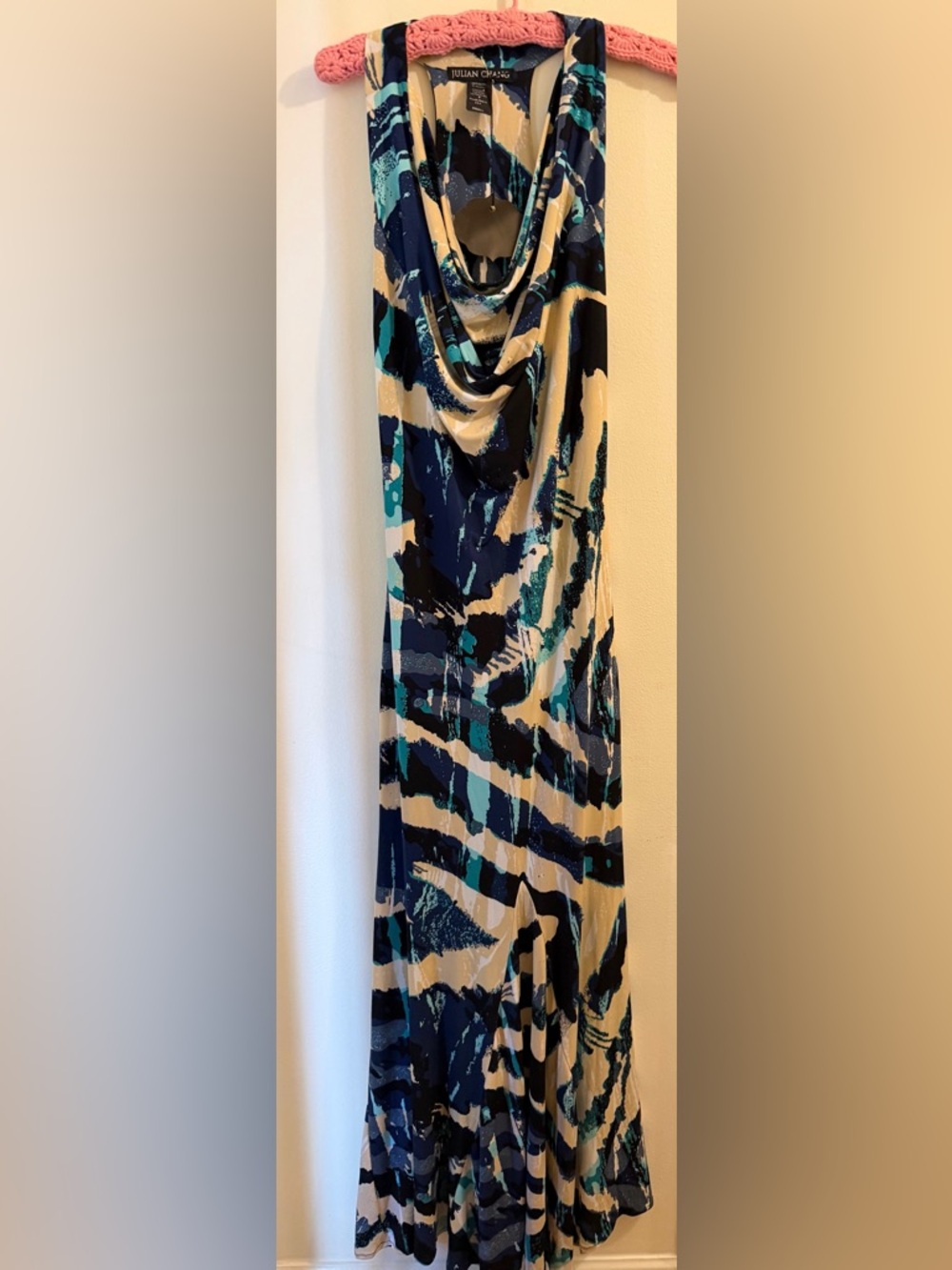 Julian Chang Sleeveless Cowl Neck Abstract Maxi Dress in Navy, Teal & Cream